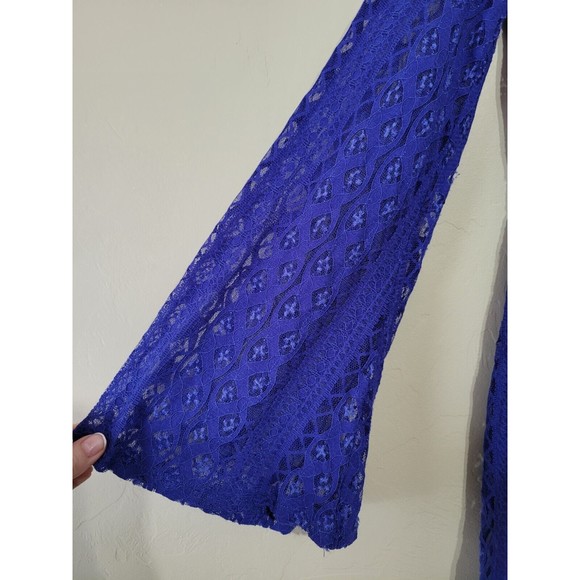 DINA BE LACE DRESS LONG BELL SLEEVE V-NECK BLUE ZIP BACK LINED SMALL Women's - Picture 6 of 10